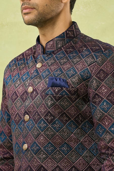 Shop_Arihant Rai Sinha_Blue Velvet, Polyester Embroidery, Sequins Sherwani And Polo Pant _Online_at_Aza_Fashions