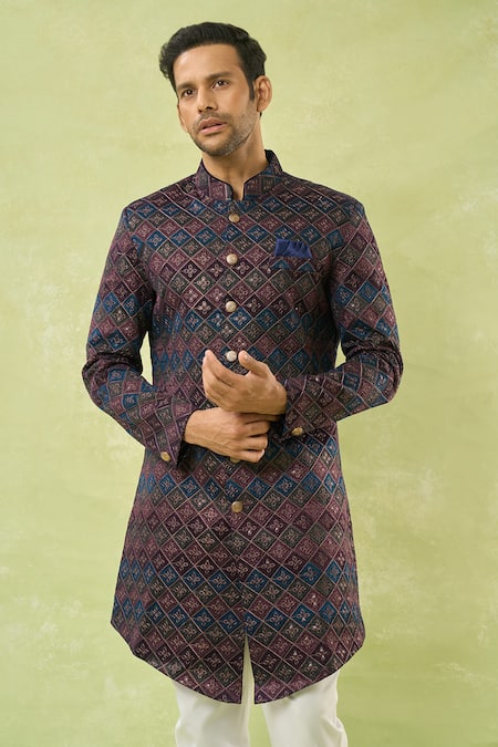 Arihant Rai Sinha_Blue Velvet, Polyester Embroidery, Sequins Sherwani And Polo Pant _at_Aza_Fashions