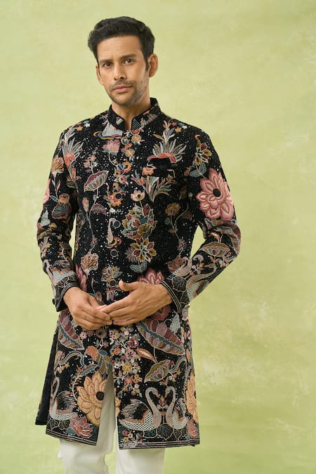 Buy_Arihant Rai Sinha_Black Velvet, Polyester, Viscose Embroidery, Sequins Sherwani And Polo Pant _Online_at_Aza_Fashions