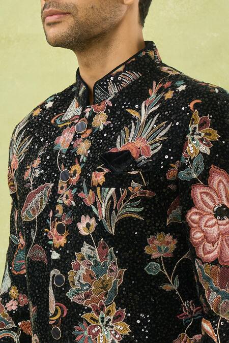 Shop_Arihant Rai Sinha_Black Velvet, Polyester, Viscose Embroidery, Sequins Sherwani And Polo Pant _Online_at_Aza_Fashions