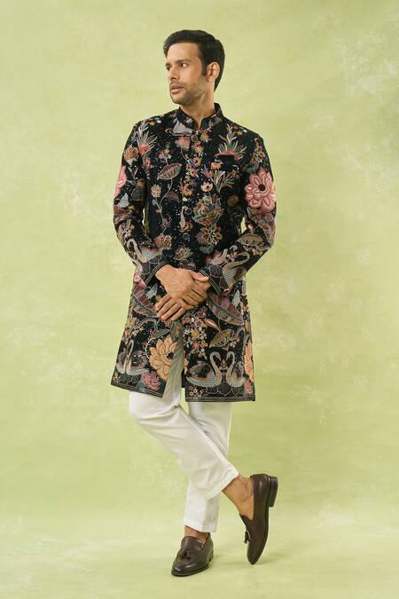 Arihant Rai Sinha_Black Velvet, Polyester, Viscose Embroidery, Sequins Sherwani And Polo Pant _at_Aza_Fashions
