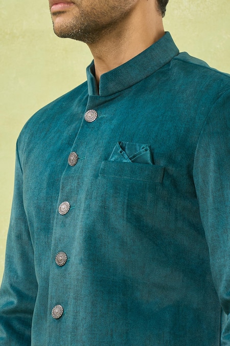 Arihant Rai Sinha_Green Velvet, Polyester Solid Sherwani And Pant Set _Online_at_Aza_Fashions