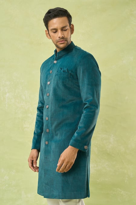 Arihant Rai Sinha_Green Velvet, Polyester Solid Sherwani And Pant Set _at_Aza_Fashions