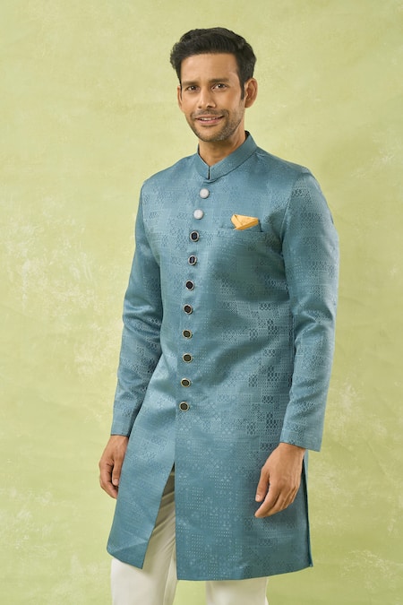 Shop_Arihant Rai Sinha_Blue Jacquard, Polyester, Viscose Geometric Woven Sherwani And Polo Pant Set _Online_at_Aza_Fashions