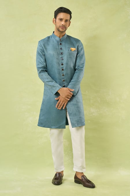 Aryavir Malhotra Geometric Woven Sherwani & Polo Pant Set 