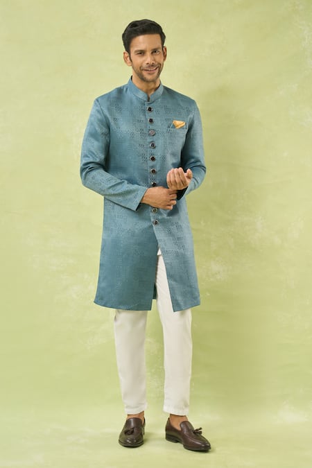 Arihant Rai Sinha_Blue Jacquard, Polyester, Viscose Geometric Woven Sherwani And Polo Pant Set _at_Aza_Fashions
