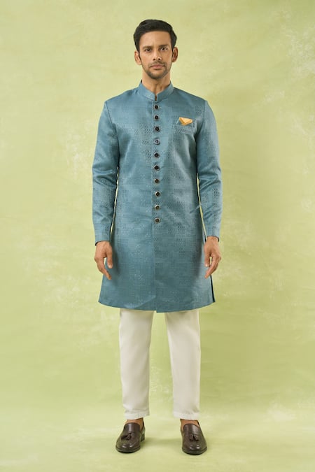Buy_Arihant Rai Sinha_Blue Jacquard, Polyester, Viscose Geometric Woven Sherwani And Polo Pant Set 