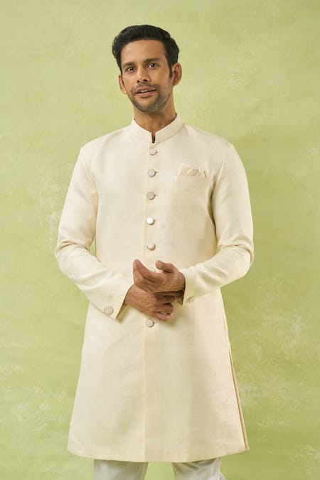 Buy Arihant Rai Sinha Cream Jacquard, Polyester, Viscose Geometric Woven Sherwani And Pant Set Online at Aza Fashions Buy_Arihant Rai Sinha_Cream Jacquard, Polyester, Viscose Geometric Woven Sherwani And Pant Set _Online_at_Aza_Fashions