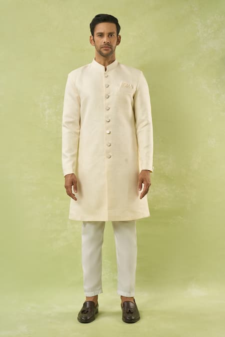 Arihant Rai Sinha Cream Jacquard, Polyester, Viscose Geometric Woven Sherwani And Pant Set at Aza Fashions Arihant Rai Sinha_Cream Jacquard, Polyester, Viscose Geometric Woven Sherwani And Pant Set _at_Aza_Fashions