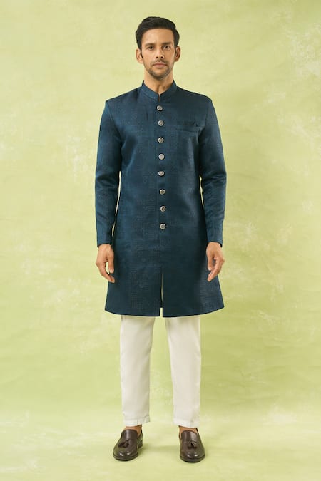 Arihant Rai Sinha_Blue Jacquard, Polyester, Viscose Geometric Woven Sherwani Set _Online_at_Aza_Fashions