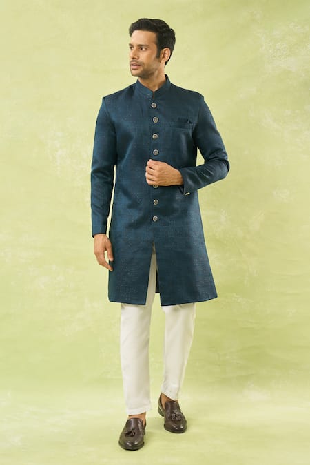 Shop_Arihant Rai Sinha_Blue Jacquard, Polyester, Viscose Geometric Woven Sherwani Set _Online_at_Aza_Fashions