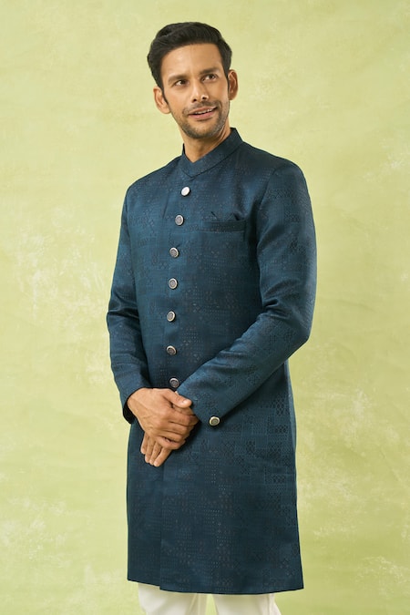Arihant Rai Sinha_Blue Jacquard, Polyester, Viscose Geometric Woven Sherwani Set _at_Aza_Fashions