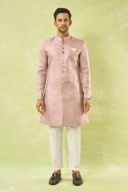Buy Arihant Rai Sinha Pink Jacquard, Polyester Geometric Woven Sherwani And Polo Pant Set Online at Aza Fashions Buy_Arihant Rai Sinha_Pink Jacquard, Polyester Geometric Woven Sherwani And Polo Pant Set _Online_at_Aza_Fashions