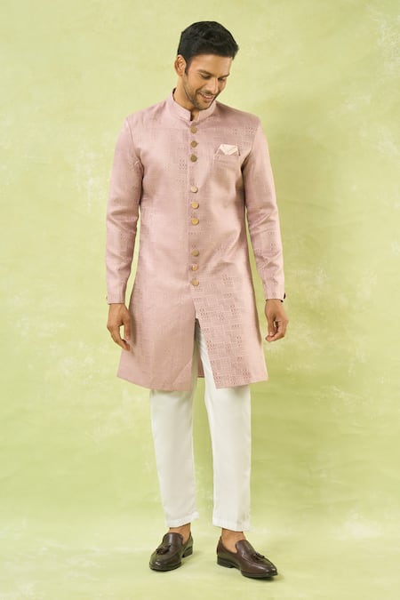 Arihant Rai Sinha Pink Jacquard, Polyester Geometric Woven Sherwani And Polo Pant Set at Aza Fashions Arihant Rai Sinha_Pink Jacquard, Polyester Geometric Woven Sherwani And Polo Pant Set _at_Aza_Fashions