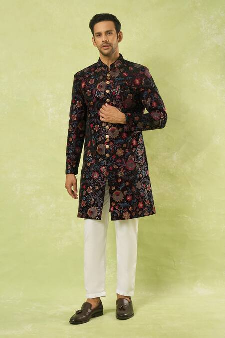 Arihant Rai Sinha_Wine Velvet, Polyester Embroidery, Sequins Sherwani With Polo Pant _Online_at_Aza_Fashions