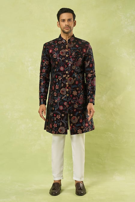 Buy_Arihant Rai Sinha_Wine Velvet, Polyester Embroidery, Sequins Sherwani With Polo Pant _Online_at_Aza_Fashions