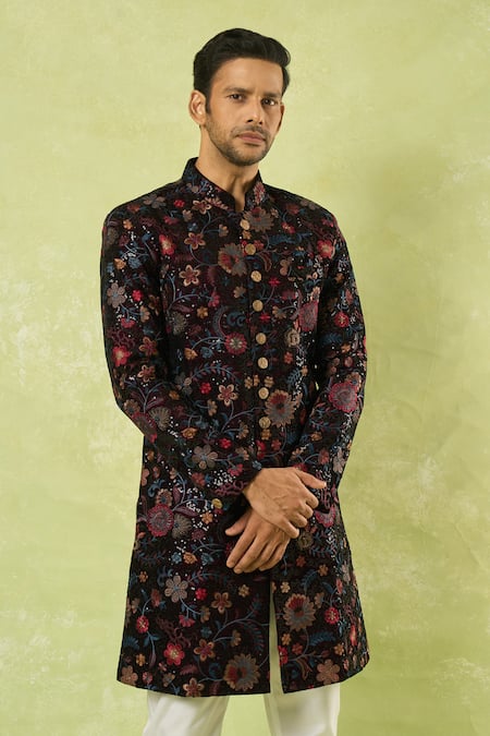 Arihant Rai Sinha_Wine Velvet, Polyester Embroidery, Sequins Sherwani With Polo Pant _at_Aza_Fashions