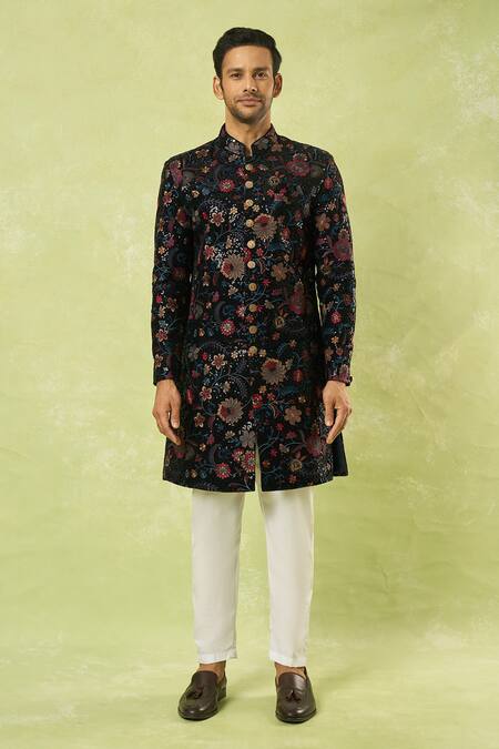 Arihant Rai Sinha_Blue Velvet, Polyester Embroidery, Sequins Sherwani And Polo Pant _Online_at_Aza_Fashions