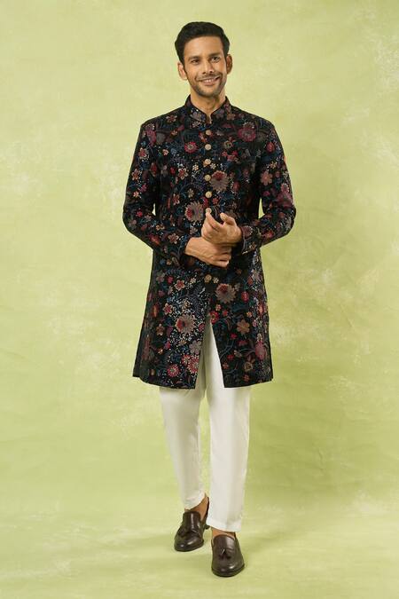 Buy_Arihant Rai Sinha_Blue Velvet, Polyester Embroidery, Sequins Sherwani And Polo Pant _Online_at_Aza_Fashions
