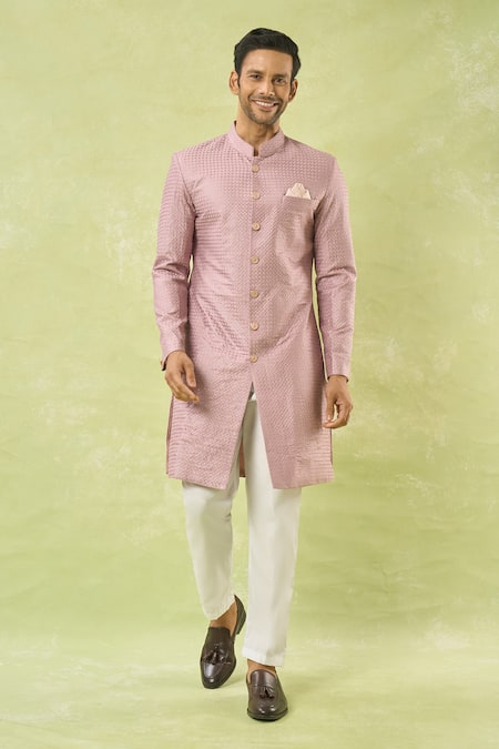 Buy_Arihant Rai Sinha_Pink Silk, Polyester, Viscose Embroidery, Sequins Onion Sherwani And Polo Pant _Online_at_Aza_Fashions