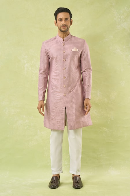 Arihant Rai Sinha_Pink Silk, Polyester, Viscose Embroidery, Sequins Onion Sherwani And Polo Pant _at_Aza_Fashions