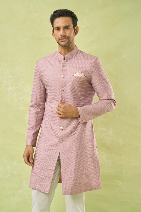 Buy_Arihant Rai Sinha_Pink Silk, Polyester, Viscose Embroidery, Sequins Onion Sherwani And Polo Pant 