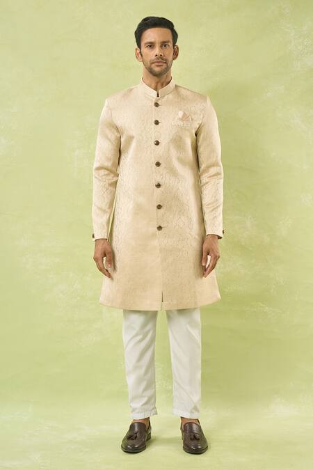 Buy Arihant Rai Sinha Gold Jacquard, Polyester, Viscose Embroidery Woven Sherwani And Polo Pant Online at Aza Fashions Buy_Arihant Rai Sinha_Gold Jacquard, Polyester, Viscose Embroidery Woven Sherwani And Polo Pant _Online_at_Aza_Fashions