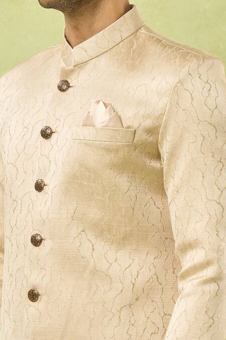Shop Arihant Rai Sinha Gold Jacquard, Polyester, Viscose Embroidery Woven Sherwani And Polo Pant Online at Aza Fashions Shop_Arihant Rai Sinha_Gold Jacquard, Polyester, Viscose Embroidery Woven Sherwani And Polo Pant _Online_at_Aza_Fashions