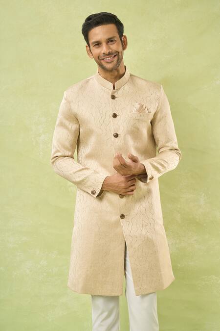 Arihant Rai Sinha Gold Jacquard, Polyester, Viscose Embroidery Woven Sherwani And Polo Pant at Aza Fashions Arihant Rai Sinha_Gold Jacquard, Polyester, Viscose Embroidery Woven Sherwani And Polo Pant _at_Aza_Fashions