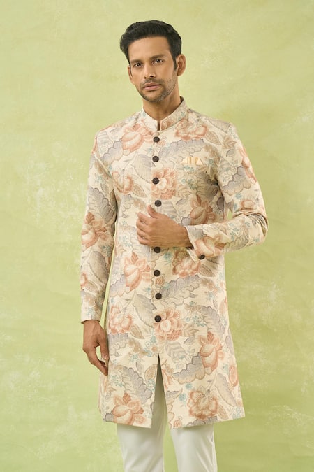 Buy_Arihant Rai Sinha_Cream Linen, Polyester, Viscose Floral Leaf Pattern Sherwani With Polo Pant _Online_at_Aza_Fashions