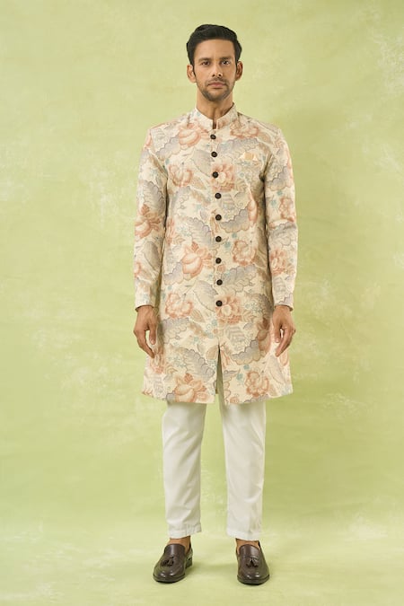 Shop_Arihant Rai Sinha_Cream Linen, Polyester, Viscose Floral Leaf Pattern Sherwani With Polo Pant _Online_at_Aza_Fashions