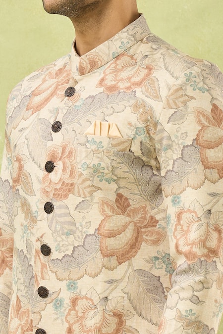 Arihant Rai Sinha_Cream Linen, Polyester, Viscose Floral Leaf Pattern Sherwani With Polo Pant _at_Aza_Fashions