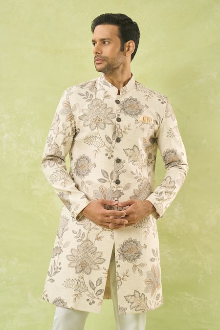 Buy Arihant Rai Sinha Cream Linen, Polyester, Viscose Embroidery Floral Woven Sherwani And Polo Pant Set Online at Aza Fashions Buy_Arihant Rai Sinha_Cream Linen, Polyester, Viscose Embroidery Floral Woven Sherwani And Polo Pant Set _Online_at_Aza_Fashions