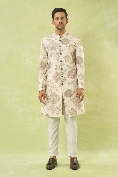 Shop Arihant Rai Sinha Cream Linen, Polyester, Viscose Embroidery Floral Woven Sherwani And Polo Pant Set Online at Aza Fashions Shop_Arihant Rai Sinha_Cream Linen, Polyester, Viscose Embroidery Floral Woven Sherwani And Polo Pant Set _Online_at_Aza_Fashions