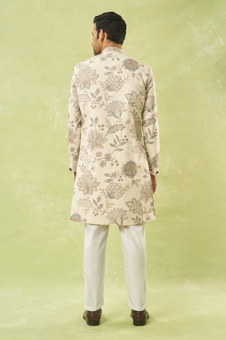 Shop Arihant Rai Sinha Cream Linen, Polyester, Viscose Embroidery Floral Woven Sherwani And Polo Pant Set at Aza Fashions Shop_Arihant Rai Sinha_Cream Linen, Polyester, Viscose Embroidery Floral Woven Sherwani And Polo Pant Set _at_Aza_Fashions