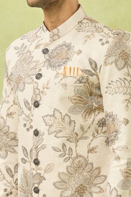 Arihant Rai Sinha Cream Linen, Polyester, Viscose Embroidery Floral Woven Sherwani And Polo Pant Set at Aza Fashions Arihant Rai Sinha_Cream Linen, Polyester, Viscose Embroidery Floral Woven Sherwani And Polo Pant Set _at_Aza_Fashions