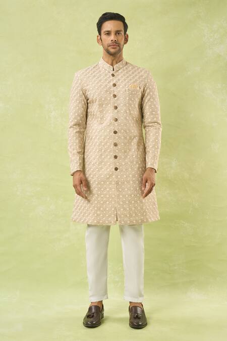 Shop Arihant Rai Sinha Cream Linen, Polyester, Viscose Embroidery Floral Woven Sherwani And Polo Pant Set Online at Aza Fashions Shop_Arihant Rai Sinha_Cream Linen, Polyester, Viscose Embroidery Floral Woven Sherwani And Polo Pant Set _Online_at_Aza_Fashions