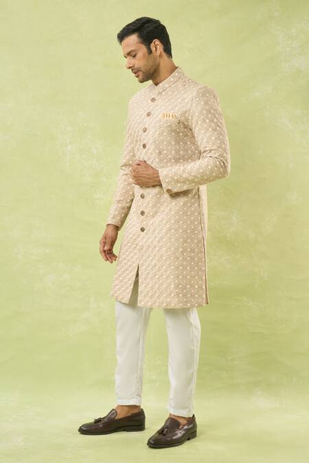 Arihant Rai Sinha Cream Linen, Polyester, Viscose Embroidery Floral Woven Sherwani And Polo Pant Set at Aza Fashions Arihant Rai Sinha_Cream Linen, Polyester, Viscose Embroidery Floral Woven Sherwani And Polo Pant Set _at_Aza_Fashions