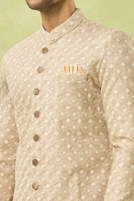 Buy Arihant Rai Sinha Cream Linen, Polyester, Viscose Embroidery Floral Woven Sherwani And Polo Pant Set Buy_Arihant Rai Sinha_Cream Linen, Polyester, Viscose Embroidery Floral Woven Sherwani And Polo Pant Set