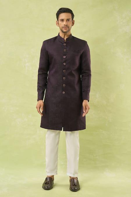 Buy Arihant Rai Sinha Wine Jacquard, Polyester, Viscose Geometric Woven Sherwani And Polo Pant Set Online at Aza Fashions Buy_Arihant Rai Sinha_Wine Jacquard, Polyester, Viscose Geometric Woven Sherwani And Polo Pant Set _Online_at_Aza_Fashions