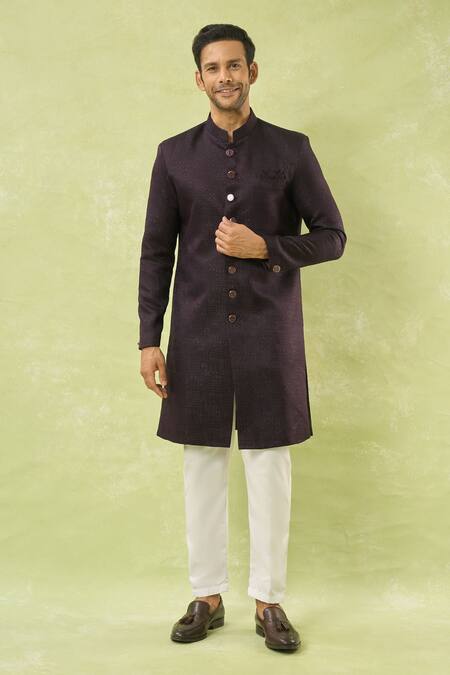 Shop Arihant Rai Sinha Wine Jacquard, Polyester, Viscose Geometric Woven Sherwani And Polo Pant Set Online at Aza Fashions Shop_Arihant Rai Sinha_Wine Jacquard, Polyester, Viscose Geometric Woven Sherwani And Polo Pant Set _Online_at_Aza_Fashions