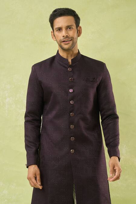 Arihant Rai Sinha Wine Jacquard, Polyester, Viscose Geometric Woven Sherwani And Polo Pant Set at Aza Fashions Arihant Rai Sinha_Wine Jacquard, Polyester, Viscose Geometric Woven Sherwani And Polo Pant Set _at_Aza_Fashions