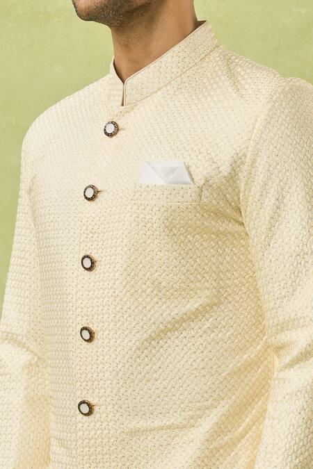 Shop Arihant Rai Sinha Cream Silk, Polyester, Viscose Embroidery, Sequins Sherwani And Polo Pant Set Online at Aza Fashions Shop_Arihant Rai Sinha_Cream Silk, Polyester, Viscose Embroidery, Sequins Sherwani And Polo Pant Set _Online_at_Aza_Fashions
