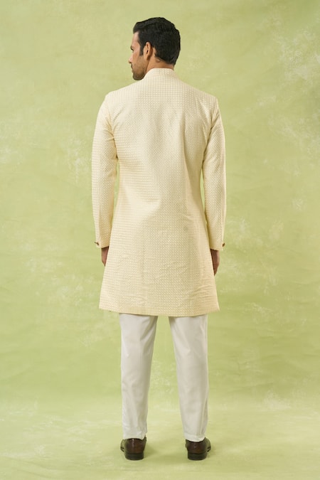 Shop Arihant Rai Sinha Cream Silk, Polyester, Viscose Embroidery, Sequins Sherwani And Polo Pant Set at Aza Fashions Shop_Arihant Rai Sinha_Cream Silk, Polyester, Viscose Embroidery, Sequins Sherwani And Polo Pant Set _at_Aza_Fashions