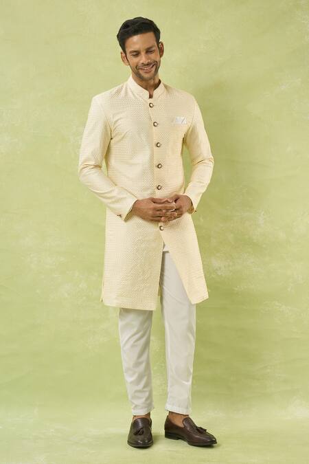 Arihant Rai Sinha Cream Silk, Polyester, Viscose Embroidery, Sequins Sherwani And Polo Pant Set at Aza Fashions Arihant Rai Sinha_Cream Silk, Polyester, Viscose Embroidery, Sequins Sherwani And Polo Pant Set _at_Aza_Fashions