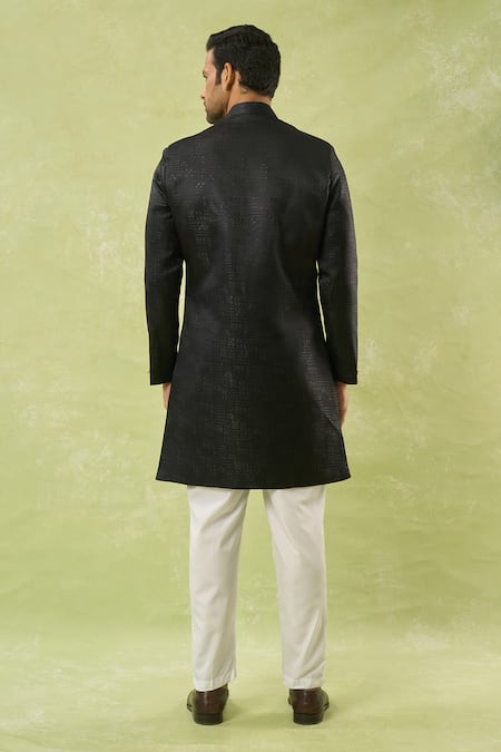 Shop Arihant Rai Sinha Black Jacquard, Polyester Geometric Woven Sherwani Set at Aza Fashions Shop_Arihant Rai Sinha_Black Jacquard, Polyester Geometric Woven Sherwani Set _at_Aza_Fashions