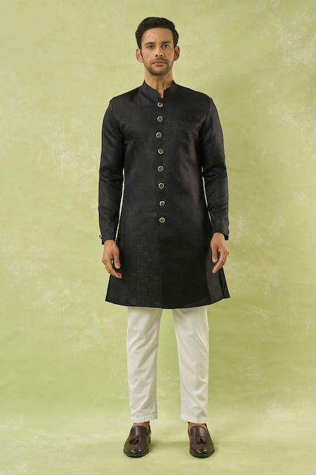 Arihant Rai Sinha Black Jacquard, Polyester Geometric Woven Sherwani Set Online at Aza Fashions Arihant Rai Sinha_Black Jacquard, Polyester Geometric Woven Sherwani Set _Online_at_Aza_Fashions