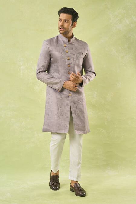 Shop_Arihant Rai Sinha_Lilac Jacquard, Polyester, Viscose Geometric Woven Sherwani And Polo Pant _Online_at_Aza_Fashions