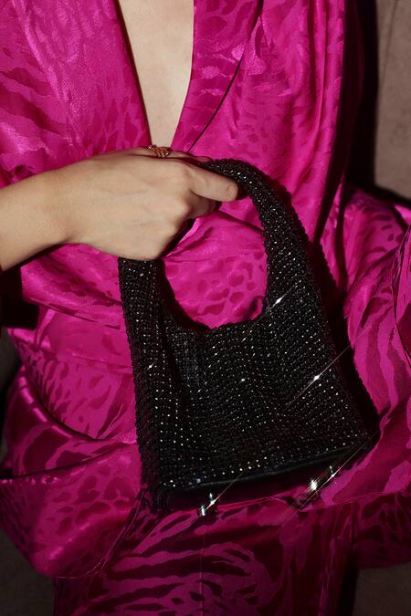 Mir Kash_Black Rhinestones Embellished Handbag _at_Aza_Fashions