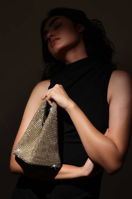 Buy_Mir Kash_Gold Rhinestones Tonal Embellished Handbag _Online_at_Aza_Fashions